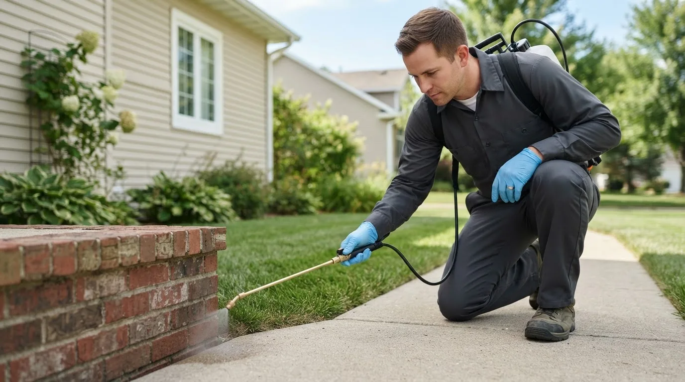 Pest control technician treating a home near Lawrenceburg, IN