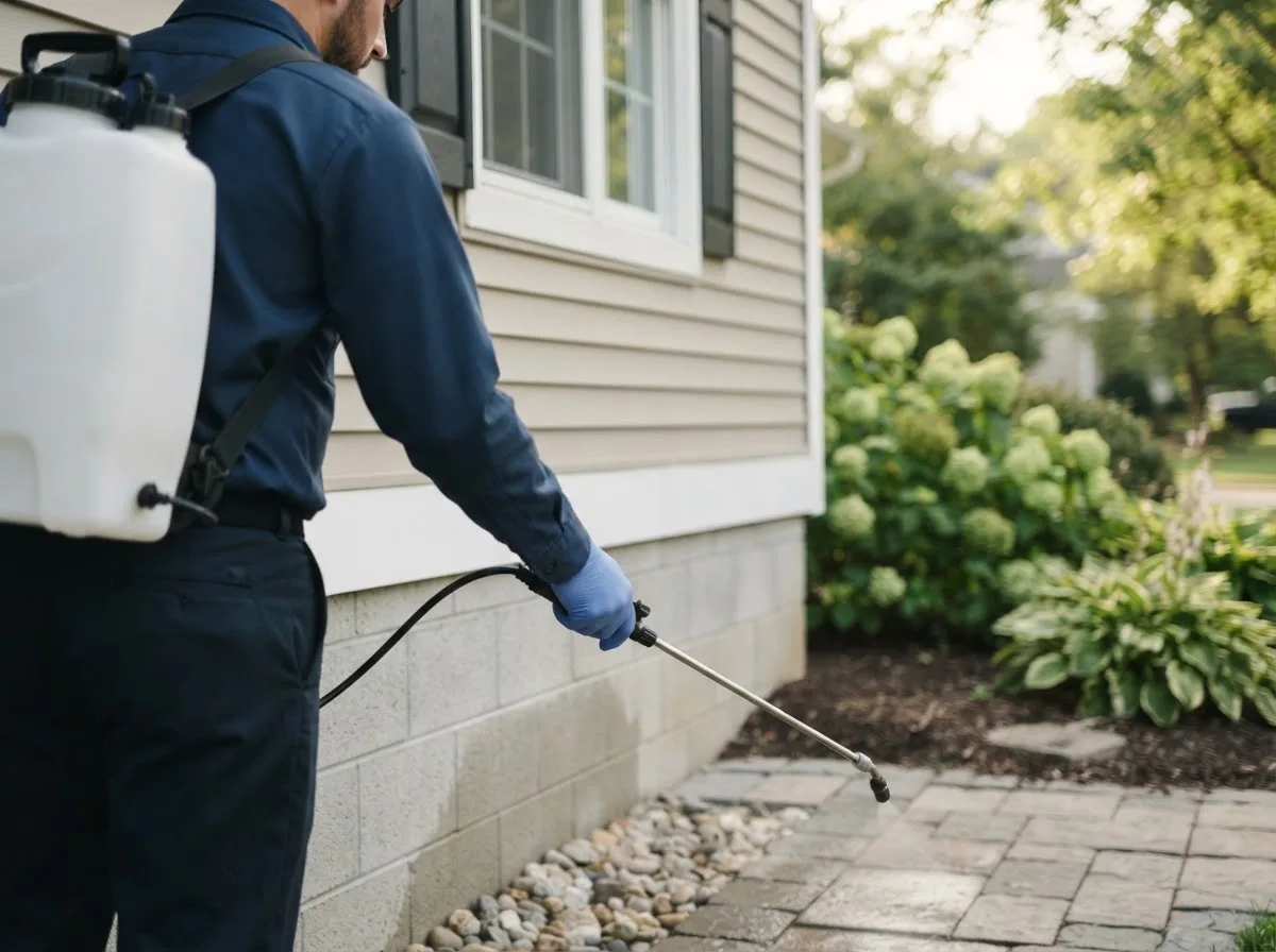 Pest control technician inspecting a home in Lawrenceburg, IN